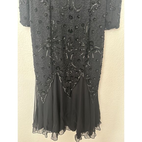 Oleg Cassini Vintage 70s/80s Silk Black Beaded Cocktail Dress 20s Style Flapper - Picture 8 of 13